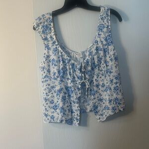 No Boundaries White Crop Tank with Blue Floral Tie Front